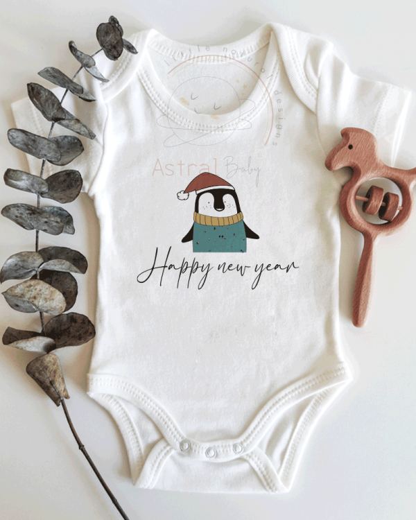 Happy New Year Penguen Desenli Kısa / Uzun Kol Çıtçıtlı Bebek Body