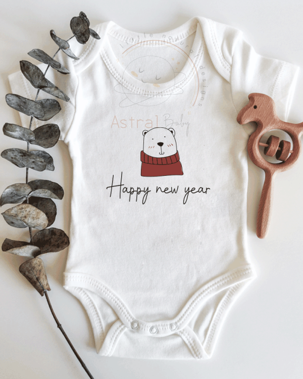 Happy New Year Kutup Ayısı Desenli Kısa / Uzun Kol Çıtçıtlı Bebek Body