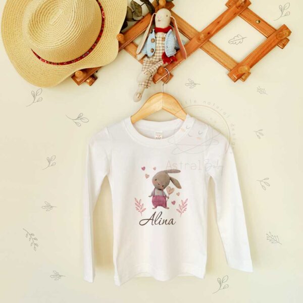 Kalpli Tavşan Kız Bebek Desenli Çocuk Uzun Kol T-shirt