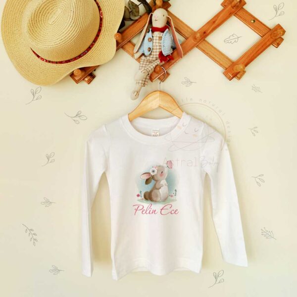 Sevimli Tavşan ve Kelebek Desenli Çocuk Uzun Kol T-shirt