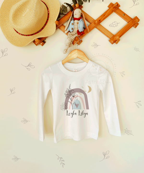Lila Gökkuşağı ve Minimal Zambak Desenli Çocuk Uzun Kol T-shirt