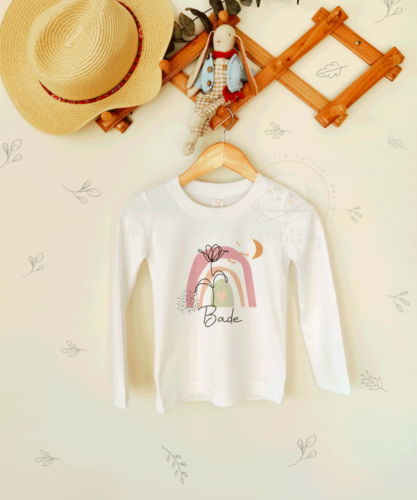 Minimal Çiçek ve Gökkuşağı Desenli Çocuk Uzun Kol T-shirt