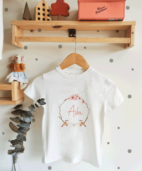 Pembe Çiçek ve Ceylan Desenli Çocuk T-shirt